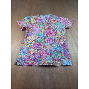 Peaches Uniforms Womens Medical Scrub Top Small Floral V-Neck Pockets Cotton